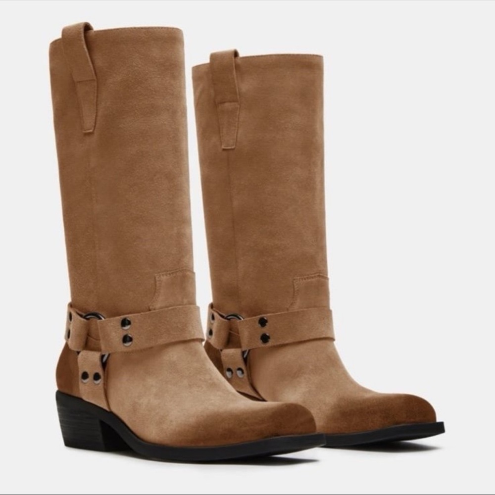 Steve Madden Ruskin Moto Distressed Women's Tan Suede Square Toe Heeled Boots